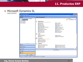 Chimbote, Setiembre 2013
13.Productos ERP
Libres
OpenBravo
Se desarrolló en un principio por dos profesores
de la Universidad de Navarra, los dos
involucrados desde mediados de los años 1990
en la gestión de la universidad. Usaron como
base Compiere y orientaron el proyecto como una
aplicación Web. La idea se realizó en una nueva
compañía nombrada en su momento Tecnicia
(ahora conocida cómo Openbravo S.L.) fundada
en agosto del 2001 por Serrano, Ciordia y
Aguinaga. El producto resultante fue un nuevo
ERP. Actualmente Openbravo ERP consta de dos
versiones; una, Openbravo Community Edition
(libre y gratuita) y otra, Openbravo Network
Edition (con elementos privativos y comerciales).
 