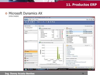 Chimbote, Setiembre 2013
13.Productos ERP
Libres
OpenBravo
Implementación progresiva y lógica de
los procesos de negocio habituales,
Openbravo no le confunde con excesivas
opciones o interfaces poco intuitivas. Por
defecto, pone a su disposición funciones
altamente productivas como los espacios
de trabajo basados en roles, etc. Tiene
algunos módulos como: Gestión de
Datos Maestros, Del Pedido al Cobro,
Del Pedido al Pago, Gestión Financiera,
Gestión de Inventario, Gestión de
Proyectos y Servicios, Gestión de la
Producción e Inteligencia de Negocio.
 