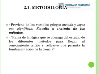 2.1. METODOLOGÍA
 •Proviene de los vocablos griegos metodo y logos
que significan: Estudio o tratado de los
métodos.
 •“Rama de la lógica que se encarga del estudio de
los diferentes métodos para llegar al
conocimiento crítico y reflexivo que permita la
fundamentación de la ciencia”.
 