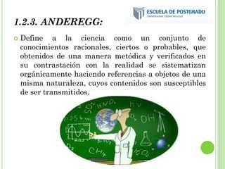 1.2.3. ANDEREGG:
 Define a la ciencia como un conjunto de
conocimientos racionales, ciertos o probables, que
obtenidos de una manera metódica y verificados en
su contrastación con la realidad se sistematizan
orgánicamente haciendo referencias a objetos de una
misma naturaleza, cuyos contenidos son susceptibles
de ser transmitidos.
 