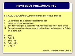 ESPACIO GEOGRÁFICO, macroformas del relieve chileno
• La cordillera de la costa se caracteriza por
I. Nacer en el cerro camaraca.
II. Ser disectada por la desembocadura de los ríos en el norte chico.
III. Presentar nombres locales como Nahuelbuta, Mahuidanchi y Pelada
en la zona sur.
A) Sólo I.
B) Sólo III.
C) Sólo I y II.
D) Sólo I y III.
E) I, II y III.
Fuente : DEMRE U DE CHILE.
REVISEMOS PREGUNTAS PSU
 