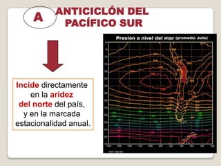Incide directamente
en la aridez
del norte del país,
y en la marcada
estacionalidad anual.
ANTICICLÓN DEL
PACÍFICO SUR
A
 