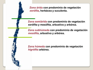 Zona árida con predominio de vegetación
xerófita, herbácea y suculenta.
Zona semiárida con predominio de vegetación
xerófita y mesófita, arbustiva y arbórea.
Zona subhúmeda con predominio de vegetación
mesófita, arbustiva y arbórea.
Zona húmeda con predominio de vegetación
higrófita arbórea.
 