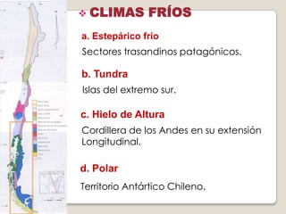 b. Tundra
Islas del extremo sur.
 CLIMAS FRÍOS
a. Estepárico frío
Sectores trasandinos patagónicos.
c. Hielo de Altura
Cordillera de los Andes en su extensión
Longitudinal.
d. Polar
Territorio Antártico Chileno.
 