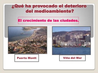 ¿Qué ha provocado el deterioro
del medioambiente?
El crecimiento de las ciudades.
Viña del MarPuerto Montt
 