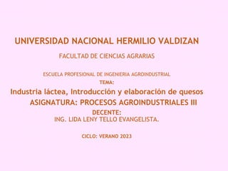 UNIVERSIDAD NACIONAL HERMILIO VALDIZAN
FACULTAD DE CIENCIAS AGRARIAS
ESCUELA PROFESIONAL DE INGENIERIA AGROINDUSTRIAL
TEMA:
Industria láctea, Introducción y elaboración de quesos
ASIGNATURA: PROCESOS AGROINDUSTRIALES III
DECENTE:
ING. LIDA LENY TELLO EVANGELISTA.
CICLO: VERANO 2023
 
