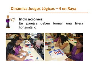 Dinámica Juegos Lógicos – 4 en Raya Indicaciones   En parejas deben formar una hilera horizontal o  