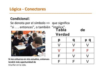 Lógica - Conectores Condicional :   Se denota por el símbolo =>  que significa  “ si . . . entonces”, o también  “implica”. Tabla   de   Verdad Si me esfuerzo en mis estudios, entonces tendré más oportunidad de triunfar en la vida. p q p  q V V V V F F F V V F F V 