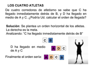 A D LOS CUATRO ATLETAS De cuatro corredores de atletismo se sabe que C ha llegado inmediatamente detrás de B, y D ha llegado en medio de A y C. ¿Podría Ud. calcular el orden de llegada? Solución : Se plantea un orden horizontal de los atletas. La derecha es la meta. Analizando: “C ha llegado inmediatamente detrás de B” Finalmente el orden sería: C B D ha llegado en medio de A y C C A D C B 