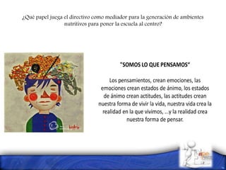 ¿Qué papel juega el directivo como mediador para la generación de ambientes
nutritivos para poner la escuela al centro?
 