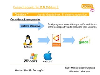 Curso Escuela Tic 2. 0. M ódulo I

   Sesión 1         Uso de Guadalinex. El sistema operativo
Consideraciones previas
                            Es el programa informático que actúa de interfaz
       Sistema Operativo    entre los dispositivos de hardware y los usuarios.




                                             CEIP Manuel Castro Orellana
   Manuel Martín Barragán                        Villanueva del Ariscal
 