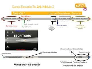 Curso Escuela Tic 2. 0. M ódulo I

                     Sesión 1                                        Uso de Guadalinex. Entorno
                            lanzadores

                                     Ayuda                                                   Fecha y hora

                               Mozilla (navegador internet)
                                                                                       Control del volumen           Información de
       Barra de menús       Correo Evolution
                                                                          Área de
                                                                        notificación                                usuario y botón de
                                                                     (información de                                    apagado.
                                                                       batería y de
                                                                            red)




                                                                                             Intercambiador del área de trabajo

                                                              Ventanas abiertas                                           Papelera de reciclaje
Mostrar escritorio




                                                                                             CEIP Manuel Castro Orellana
                      Manuel Martín Barragán                                                       Villanueva del Ariscal
 