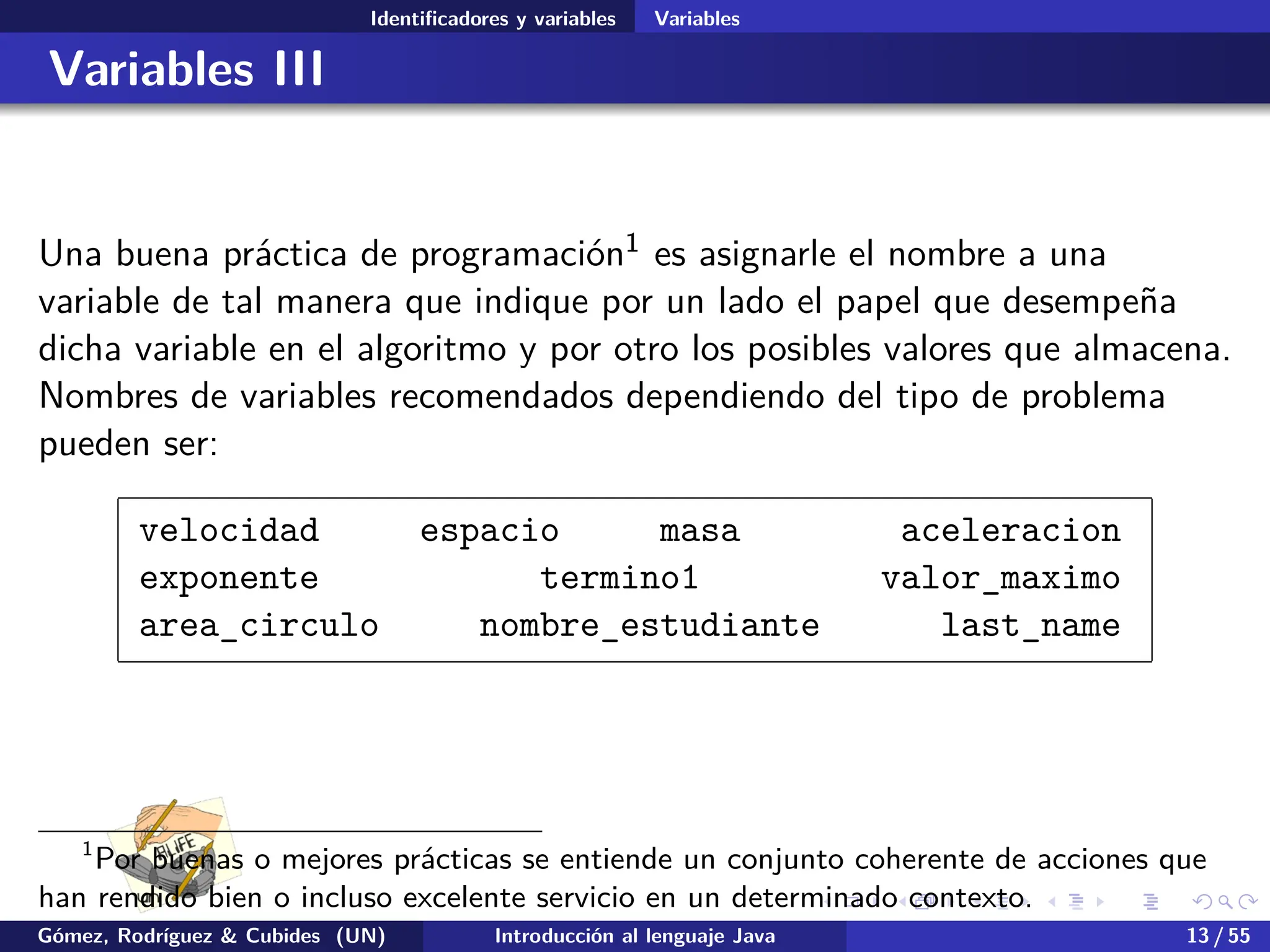 .
.
.
.
.
.
.
.
.
.
.
.
.
.
.
.
.
.
.
.
.
.
.
.
.
.
.
.
.
.
.
.
.
.
.
.
.
.
.
.
Identificadores y variables Variables
Variables III
Una buena práctica de programación1 es asignarle el nombre a una
variable de tal manera que indique por un lado el papel que desempeña
dicha variable en el algoritmo y por otro los posibles valores que almacena.
Nombres de variables recomendados dependiendo del tipo de problema
pueden ser:
velocidad espacio masa aceleracion
exponente termino1 valor_maximo
area_circulo nombre_estudiante last_name
1
Por buenas o mejores prácticas se entiende un conjunto coherente de acciones que
han rendido bien o incluso excelente servicio en un determinado contexto.
Gómez, Rodríguez & Cubides (UN) Introducción al lenguaje Java 13 / 55
 