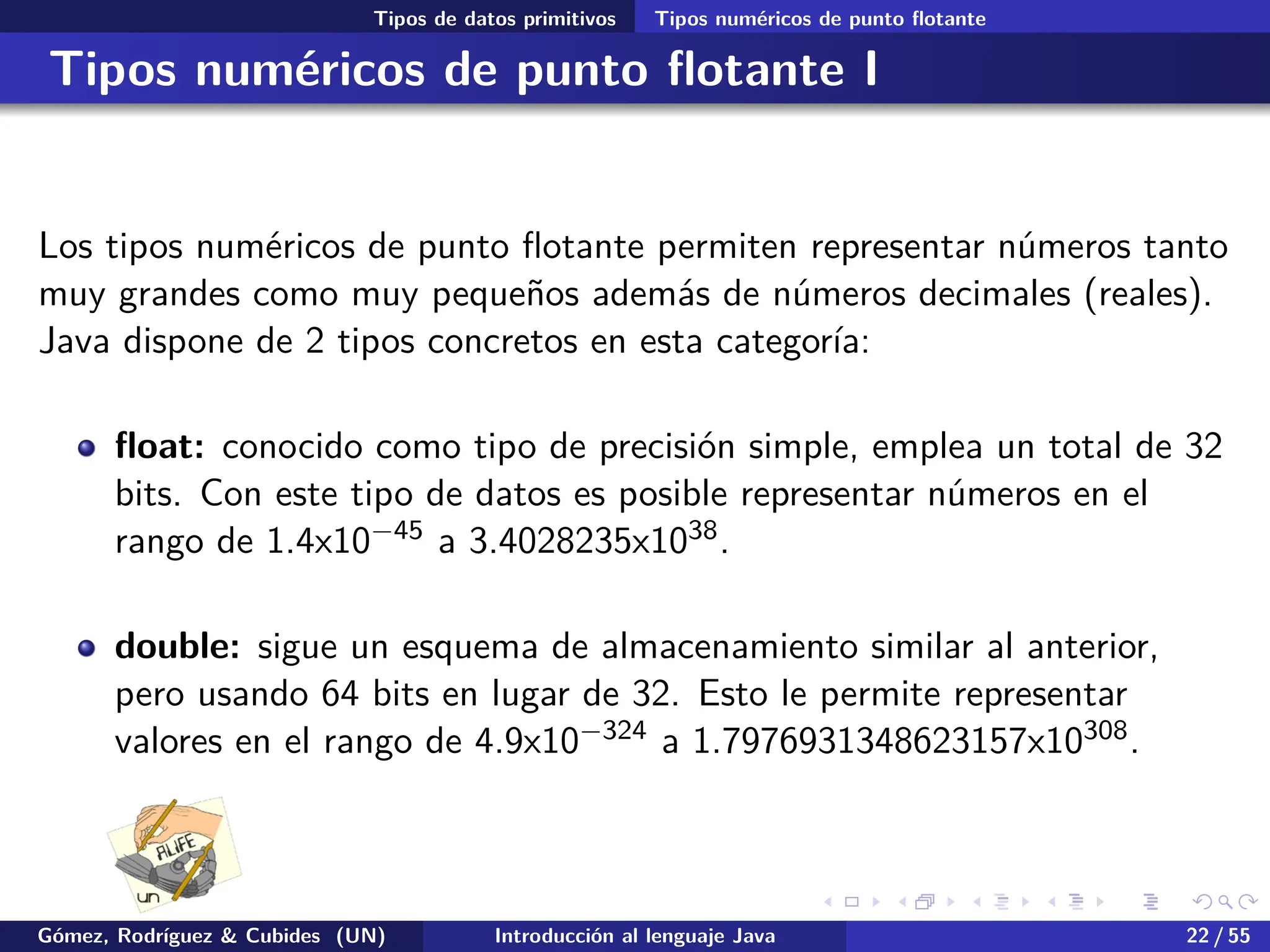 .
.
.
.
.
.
.
.
.
.
.
.
.
.
.
.
.
.
.
.
.
.
.
.
.
.
.
.
.
.
.
.
.
.
.
.
.
.
.
.
Tipos de datos primitivos Tipos numéricos de punto flotante
Tipos numéricos de punto flotante I
Los tipos numéricos de punto flotante permiten representar números tanto
muy grandes como muy pequeños además de números decimales (reales).
Java dispone de 2 tipos concretos en esta categoría:
float: conocido como tipo de precisión simple, emplea un total de 32
bits. Con este tipo de datos es posible representar números en el
rango de 1.4x10−45 a 3.4028235x1038.
double: sigue un esquema de almacenamiento similar al anterior,
pero usando 64 bits en lugar de 32. Esto le permite representar
valores en el rango de 4.9x10−324 a 1.7976931348623157x10308.
Gómez, Rodríguez & Cubides (UN) Introducción al lenguaje Java 22 / 55
 