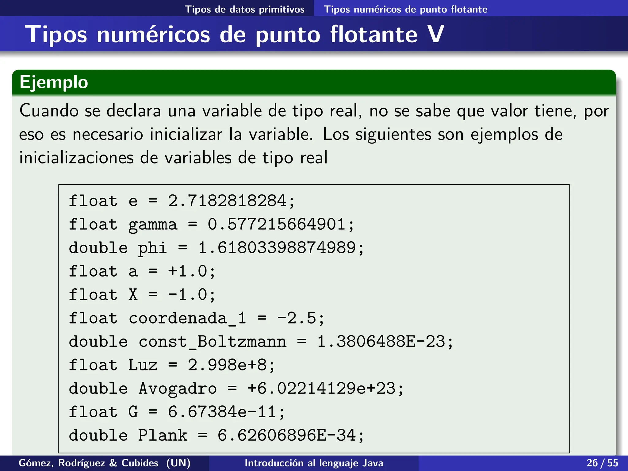 .
.
.
.
.
.
.
.
.
.
.
.
.
.
.
.
.
.
.
.
.
.
.
.
.
.
.
.
.
.
.
.
.
.
.
.
.
.
.
.
Tipos de datos primitivos Tipos numéricos de punto flotante
Tipos numéricos de punto flotante V
Ejemplo
Cuando se declara una variable de tipo real, no se sabe que valor tiene, por
eso es necesario inicializar la variable. Los siguientes son ejemplos de
inicializaciones de variables de tipo real
float e = 2.7182818284;
float gamma = 0.577215664901;
double phi = 1.61803398874989;
float a = +1.0;
float X = -1.0;
float coordenada_1 = -2.5;
double const_Boltzmann = 1.3806488E-23;
float Luz = 2.998e+8;
double Avogadro = +6.02214129e+23;
float G = 6.67384e-11;
double Plank = 6.62606896E-34;
Gómez, Rodríguez & Cubides (UN) Introducción al lenguaje Java 26 / 55
 