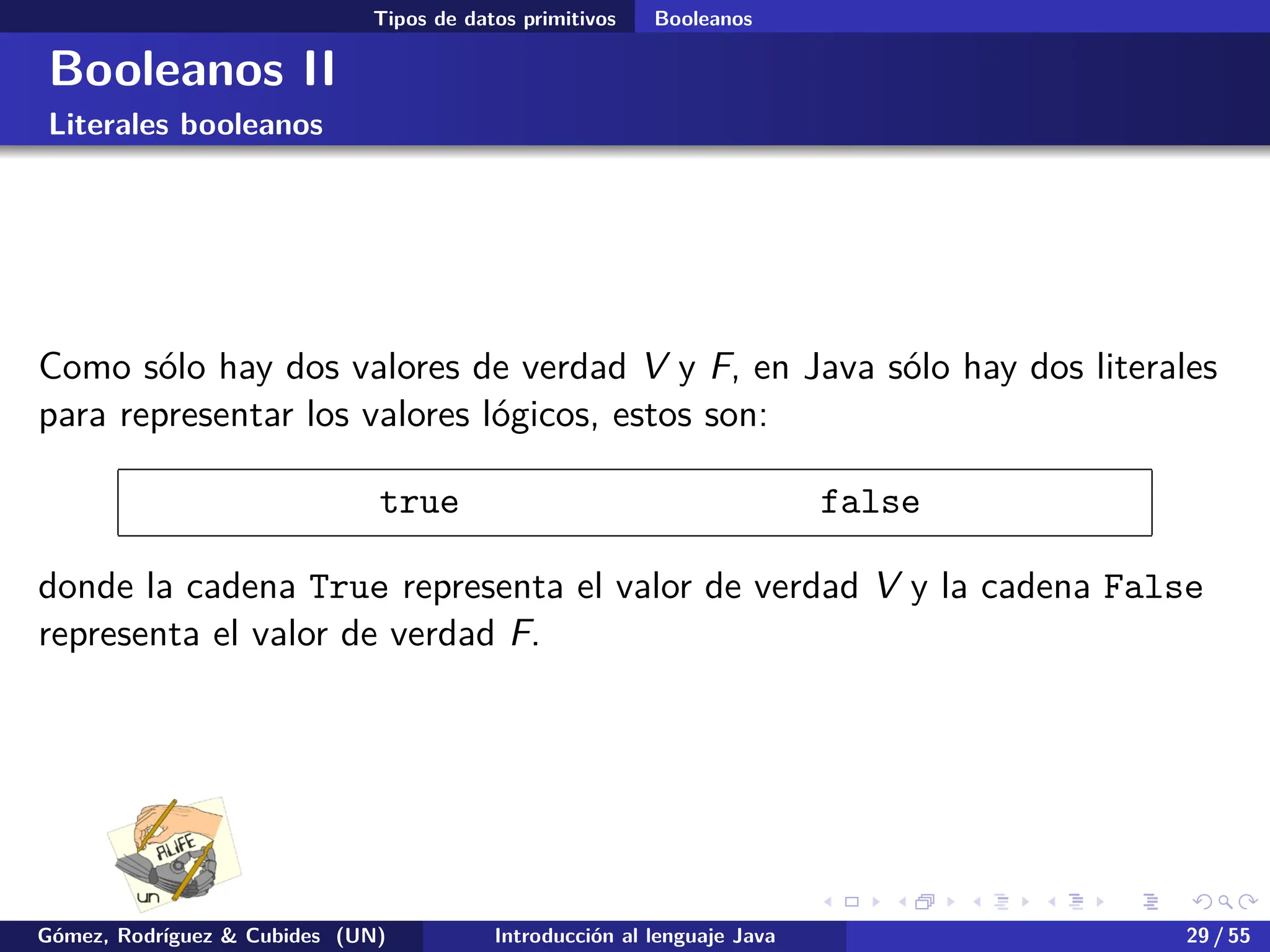 .
.
.
.
.
.
.
.
.
.
.
.
.
.
.
.
.
.
.
.
.
.
.
.
.
.
.
.
.
.
.
.
.
.
.
.
.
.
.
.
Tipos de datos primitivos Booleanos
Booleanos II
Literales booleanos
Como sólo hay dos valores de verdad V y F, en Java sólo hay dos literales
para representar los valores lógicos, estos son:
true false
donde la cadena True representa el valor de verdad V y la cadena False
representa el valor de verdad F.
Gómez, Rodríguez & Cubides (UN) Introducción al lenguaje Java 29 / 55
 