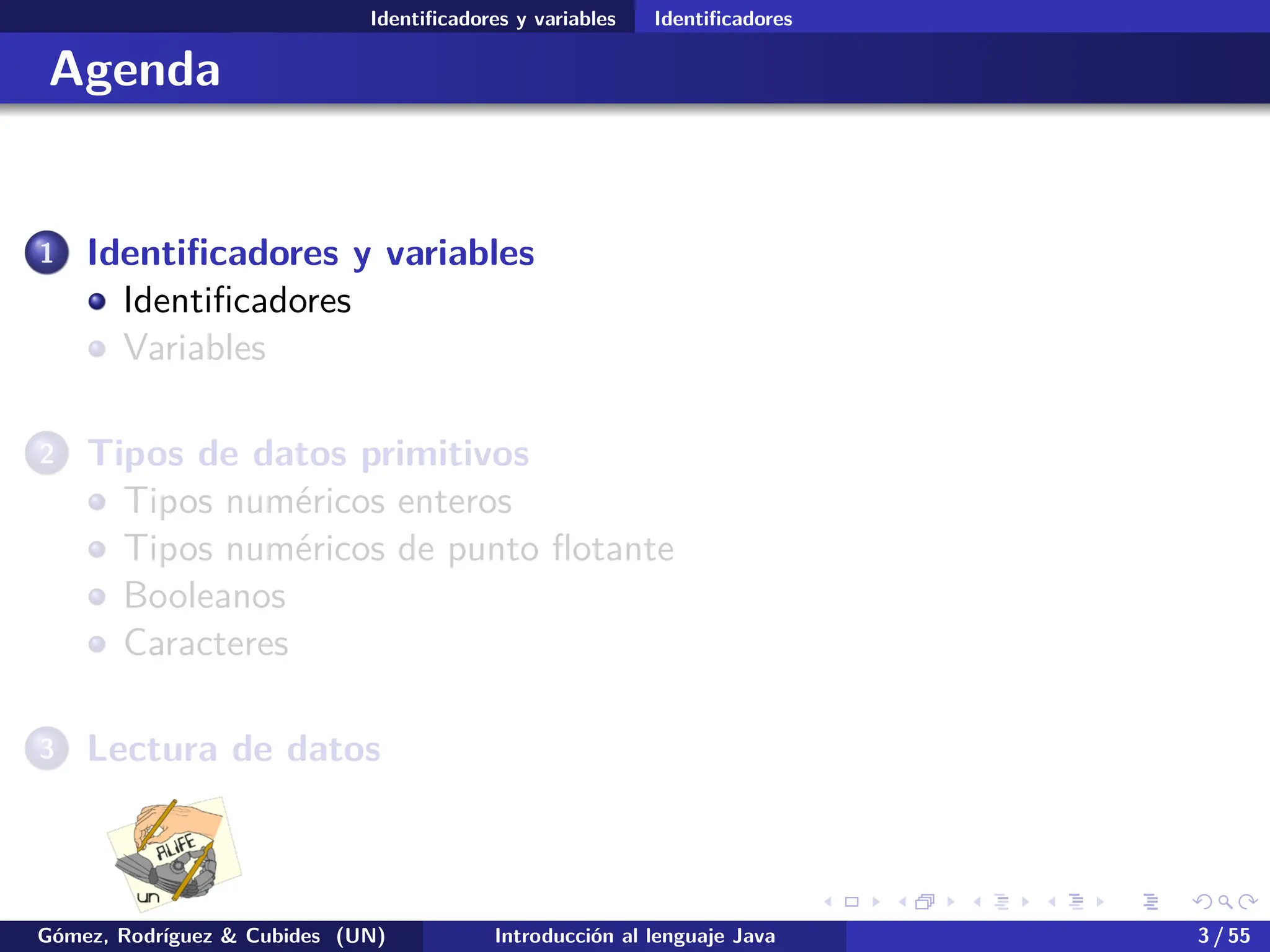 .
.
.
.
.
.
.
.
.
.
.
.
.
.
.
.
.
.
.
.
.
.
.
.
.
.
.
.
.
.
.
.
.
.
.
.
.
.
.
.
Identificadores y variables Identificadores
Agenda
1 Identificadores y variables
Identificadores
Variables
2 Tipos de datos primitivos
Tipos numéricos enteros
Tipos numéricos de punto flotante
Booleanos
Caracteres
3 Lectura de datos
Gómez, Rodríguez & Cubides (UN) Introducción al lenguaje Java 3 / 55
 