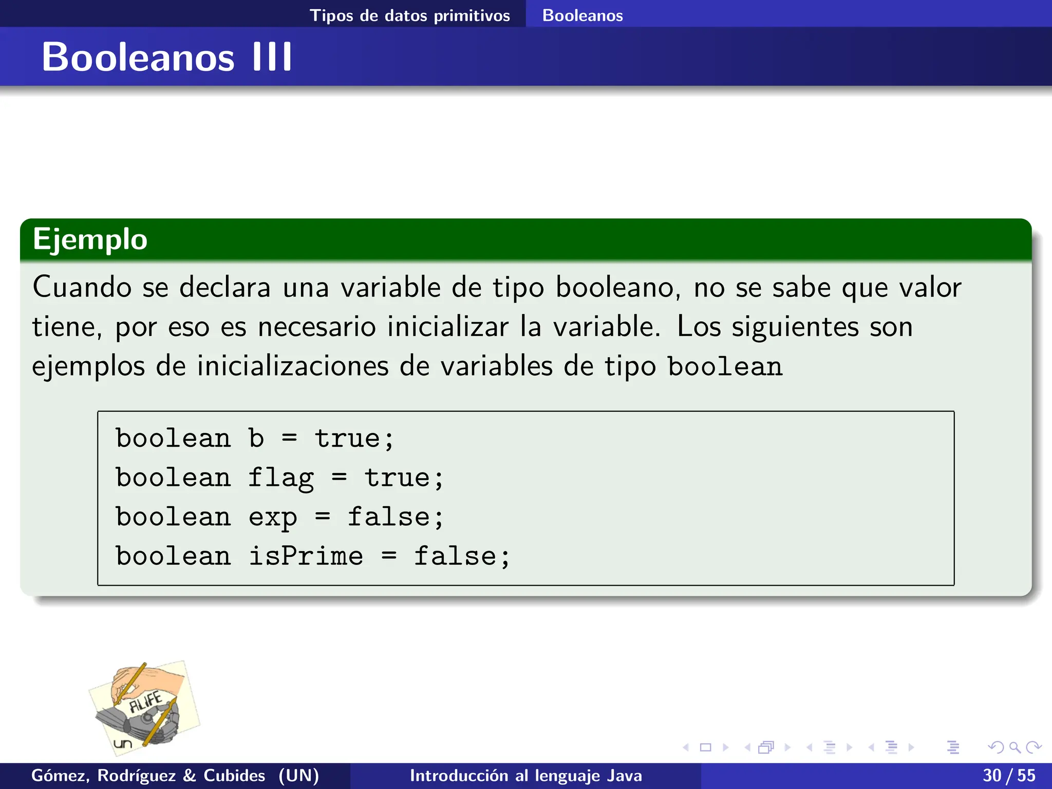 .
.
.
.
.
.
.
.
.
.
.
.
.
.
.
.
.
.
.
.
.
.
.
.
.
.
.
.
.
.
.
.
.
.
.
.
.
.
.
.
Tipos de datos primitivos Booleanos
Booleanos III
Ejemplo
Cuando se declara una variable de tipo booleano, no se sabe que valor
tiene, por eso es necesario inicializar la variable. Los siguientes son
ejemplos de inicializaciones de variables de tipo boolean
boolean b = true;
boolean flag = true;
boolean exp = false;
boolean isPrime = false;
Gómez, Rodríguez & Cubides (UN) Introducción al lenguaje Java 30 / 55
 