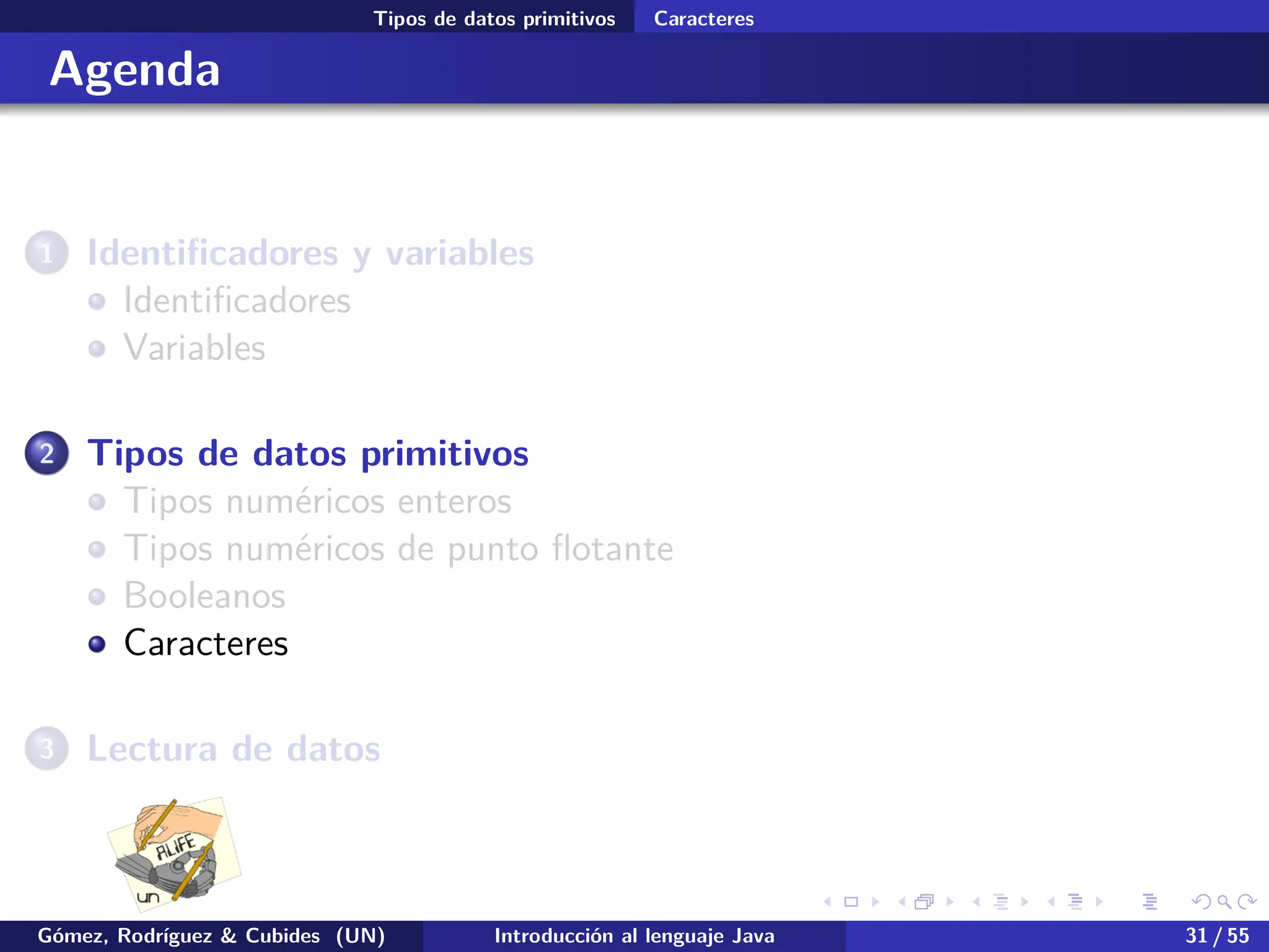 .
.
.
.
.
.
.
.
.
.
.
.
.
.
.
.
.
.
.
.
.
.
.
.
.
.
.
.
.
.
.
.
.
.
.
.
.
.
.
.
Tipos de datos primitivos Caracteres
Agenda
1 Identificadores y variables
Identificadores
Variables
2 Tipos de datos primitivos
Tipos numéricos enteros
Tipos numéricos de punto flotante
Booleanos
Caracteres
3 Lectura de datos
Gómez, Rodríguez & Cubides (UN) Introducción al lenguaje Java 31 / 55
 