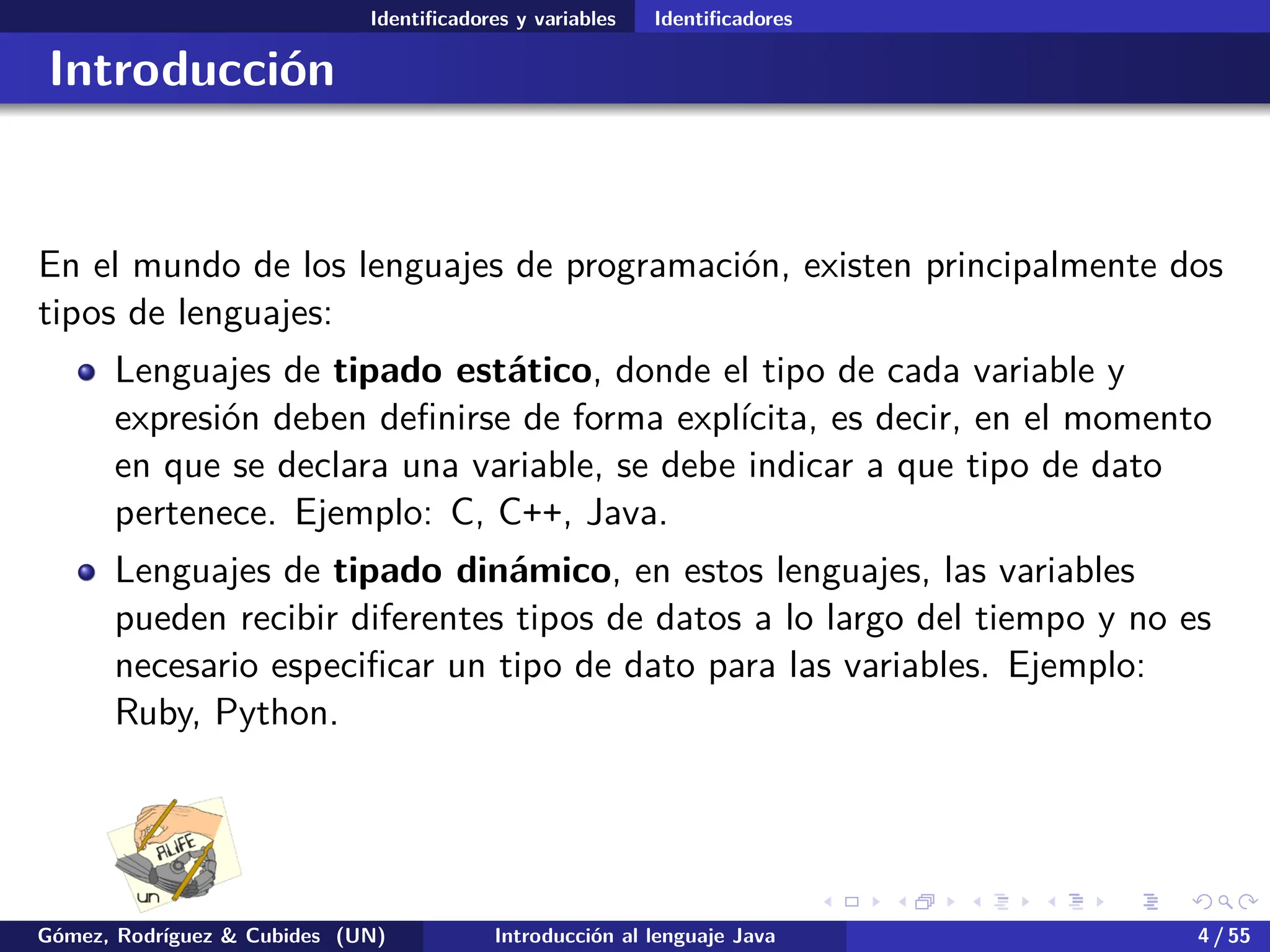 .
.
.
.
.
.
.
.
.
.
.
.
.
.
.
.
.
.
.
.
.
.
.
.
.
.
.
.
.
.
.
.
.
.
.
.
.
.
.
.
Identificadores y variables Identificadores
Introducción
En el mundo de los lenguajes de programación, existen principalmente dos
tipos de lenguajes:
Lenguajes de tipado estático, donde el tipo de cada variable y
expresión deben definirse de forma explícita, es decir, en el momento
en que se declara una variable, se debe indicar a que tipo de dato
pertenece. Ejemplo: C, C++, Java.
Lenguajes de tipado dinámico, en estos lenguajes, las variables
pueden recibir diferentes tipos de datos a lo largo del tiempo y no es
necesario especificar un tipo de dato para las variables. Ejemplo:
Ruby, Python.
Gómez, Rodríguez & Cubides (UN) Introducción al lenguaje Java 4 / 55
 