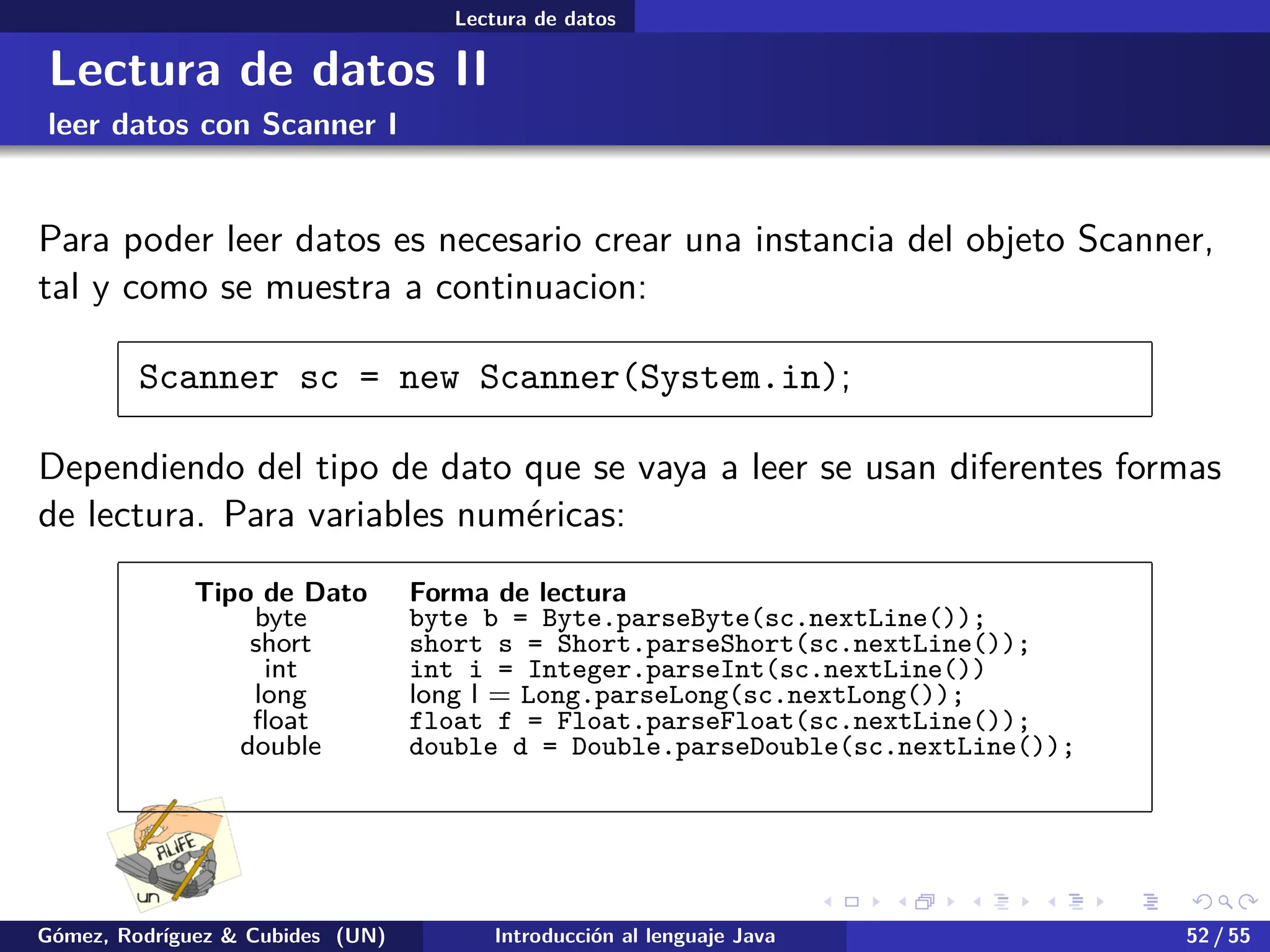 .
.
.
.
.
.
.
.
.
.
.
.
.
.
.
.
.
.
.
.
.
.
.
.
.
.
.
.
.
.
.
.
.
.
.
.
.
.
.
.
Lectura de datos
Lectura de datos II
leer datos con Scanner I
Para poder leer datos es necesario crear una instancia del objeto Scanner,
tal y como se muestra a continuacion:
Scanner sc = new Scanner(System.in);
Dependiendo del tipo de dato que se vaya a leer se usan diferentes formas
de lectura. Para variables numéricas:
Tipo de Dato Forma de lectura
byte byte b = Byte.parseByte(sc.nextLine());
short short s = Short.parseShort(sc.nextLine());
int int i = Integer.parseInt(sc.nextLine())
long long l = Long.parseLong(sc.nextLong());
float float f = Float.parseFloat(sc.nextLine());
double double d = Double.parseDouble(sc.nextLine());
Gómez, Rodríguez & Cubides (UN) Introducción al lenguaje Java 52 / 55
 