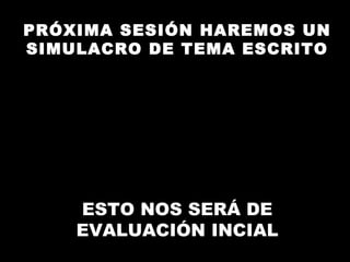 PRÓXIMA SESIÓN HAREMOS UN
SIMULACRO DE TEMA ESCRITO




    ESTO NOS SERÁ DE
    EVALUACIÓN INCIAL
 