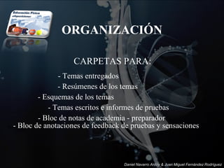 ORGANIZACIÓN

                     CARPETAS PARA:
                 - Temas entregados
                 - Resúmenes de los temas
           - Esquemas de los temas
              - Temas escritos e informes de pruebas
           - Bloc de notas de academia - preparador
   - Bloc de anotaciones de feedback de pruebas y sensaciones
E DUCA CI ÓN
     FÍS ICA




                                     Daniel Navarro Ardoy & Juan Miguel Fernández Rodríguez
 