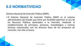 6.0 NORMATIVIDAD
Sistema Nacional de Inversión Pública (SNIP):
• El Sistema Nacional de Inversión Pública (SNIP) es el sistema
administrativo del Estado que tiene por finalidad optimizar el uso de
los Recursos Públicos destinados a la inversión, mediante el
establecimiento de principios, procesos, metodologías y normas
técnicas relacionadas con las diversas fases de los proyectos de
inversión. Con ello se busca:
 