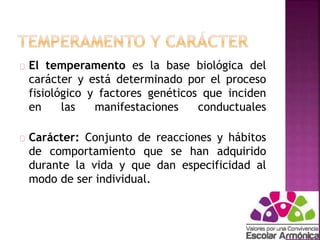 El temperamento es la base biológica del 
carácter y está determinado por el proceso 
fisiológico y factores genéticos que inciden 
en las manifestaciones conductuales 
Carácter: Conjunto de reacciones y hábitos 
de comportamiento que se han adquirido 
durante la vida y que dan especificidad al 
modo de ser individual. 
 