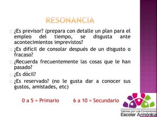 ¿Es previsor? (prepara con detalle un plan para el 
empleo del tiempo, se disgusta ante 
acontecimientos imprevistos? 
¿Es difícil de consolar después de un disgusto o 
fracaso? 
¿Recuerda frecuentemente las cosas que le han 
pasado? 
¿Es dócil? 
¿Es reservado? (no le gusta dar a conocer sus 
gustos, amistades, etc) 
0 a 5 = Primario 6 a 10 = Secundario 
 