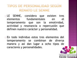 LE SENNE, considera que existen tres 
elementos fundamentales en el 
temperamento que son la emotividad, 
actividad y resonancia o repercusión que 
definen nuestro carácter y personalidad. 
En todo individuo estos tres elementos del 
temperamento se combinan de diversa 
manera y así dan lugar a ocho tipos de 
caracteres y personalidades. 
 