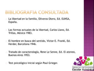La libertad en la familia, Oliveros Otero, Ed. EUNSA, 
España. 
Las formas actuales de la libertad, Carlos Llano, Ed. 
Trillas, México 1983. 
El hombre en busca del sentido, Víctor E. Frankl, Ed. 
Herder, Barcelona 1946. 
Tratado de caracterología, Rene Le Senne, Ed. El ateneo, 
Buenos Aires 1953. 
Test psicológico inicial según Paul Grieger. 
 
