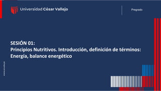 Pregrado
SESIÓN 01:
Principios Nutritivos. Introducción, definición de términos:
Energía, balance energético
 