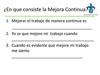 ¿En que consiste la Mejora Continua?
1. Mejorar el trabajo de manera continua es
   ____________________________________
2. Yo se que mejore mi trabajo cuando
   _____________________________________
3. Cuando es evidente que mejore mi trabajo
   me siento
   ________________________________
 
