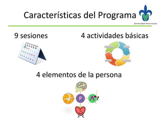 Características del Programa

9 sesiones         4 actividades básicas



      4 elementos de la persona

                  P
 