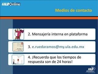 2. Mensajería interna en plataforma
3. e.ruedaramos@my.ula.edu.mx
4. ¡Recuerda que los tiempos de
respuesta son de 24 horas!
Medios de contacto
 