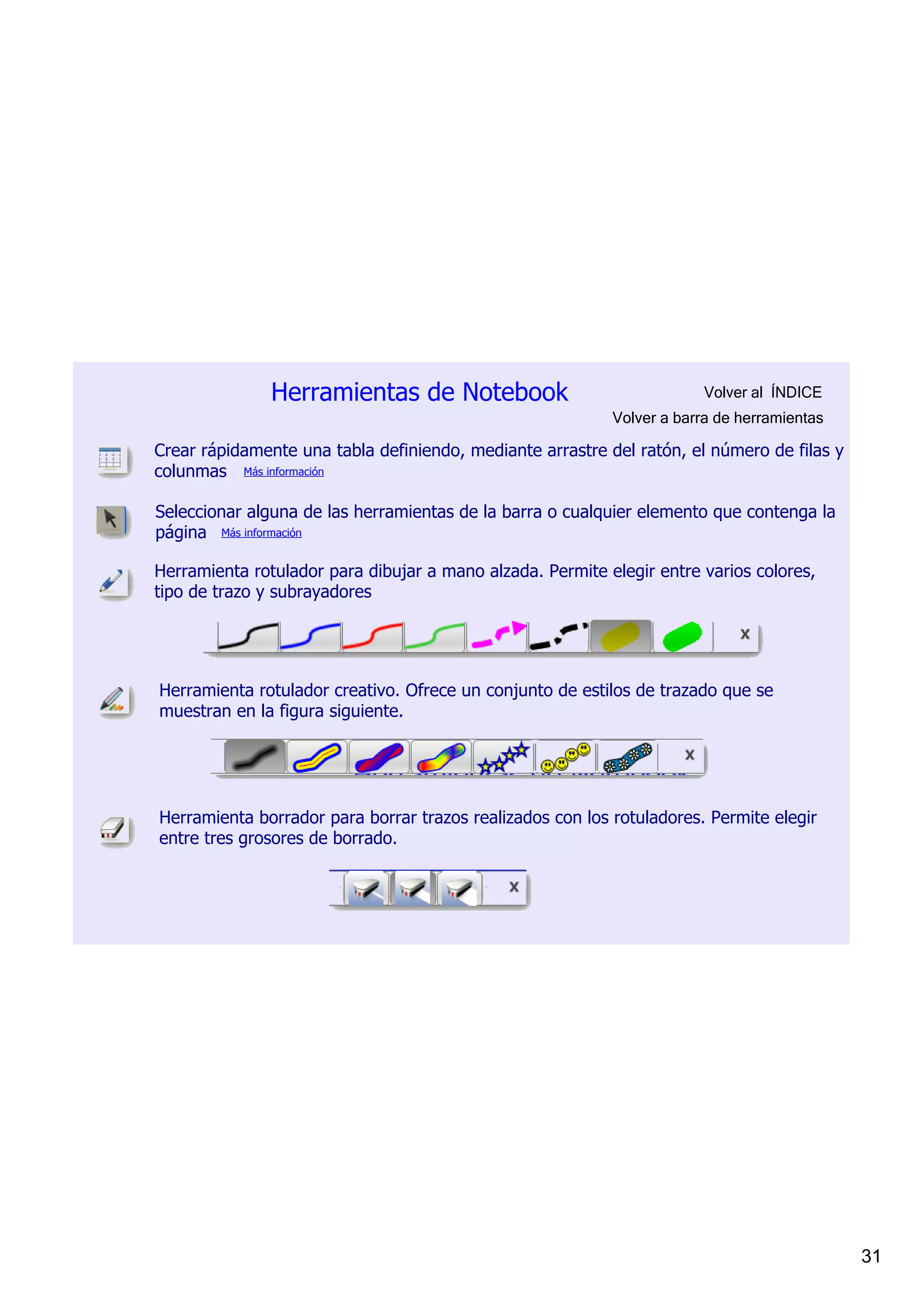 Herramientas de Notebook                                 Volver al  ÍNDICE
                                                           Volver a barra de herramientas

Crear rápidamente una tabla definiendo, mediante arrastre del ratón, el número de filas y 
colunmas Más información

Seleccionar alguna de las herramientas de la barra o cualquier elemento que contenga la 
página Más información

Herramienta rotulador para dibujar a mano alzada. Permite elegir entre varios colores, 
tipo de trazo y subrayadores




Herramienta rotulador creativo. Ofrece un conjunto de estilos de trazado que se 
muestran en la figura siguiente.




Herramienta borrador para borrar trazos realizados con los rotuladores. Permite elegir 
entre tres grosores de borrado.




                                                                                             31
 