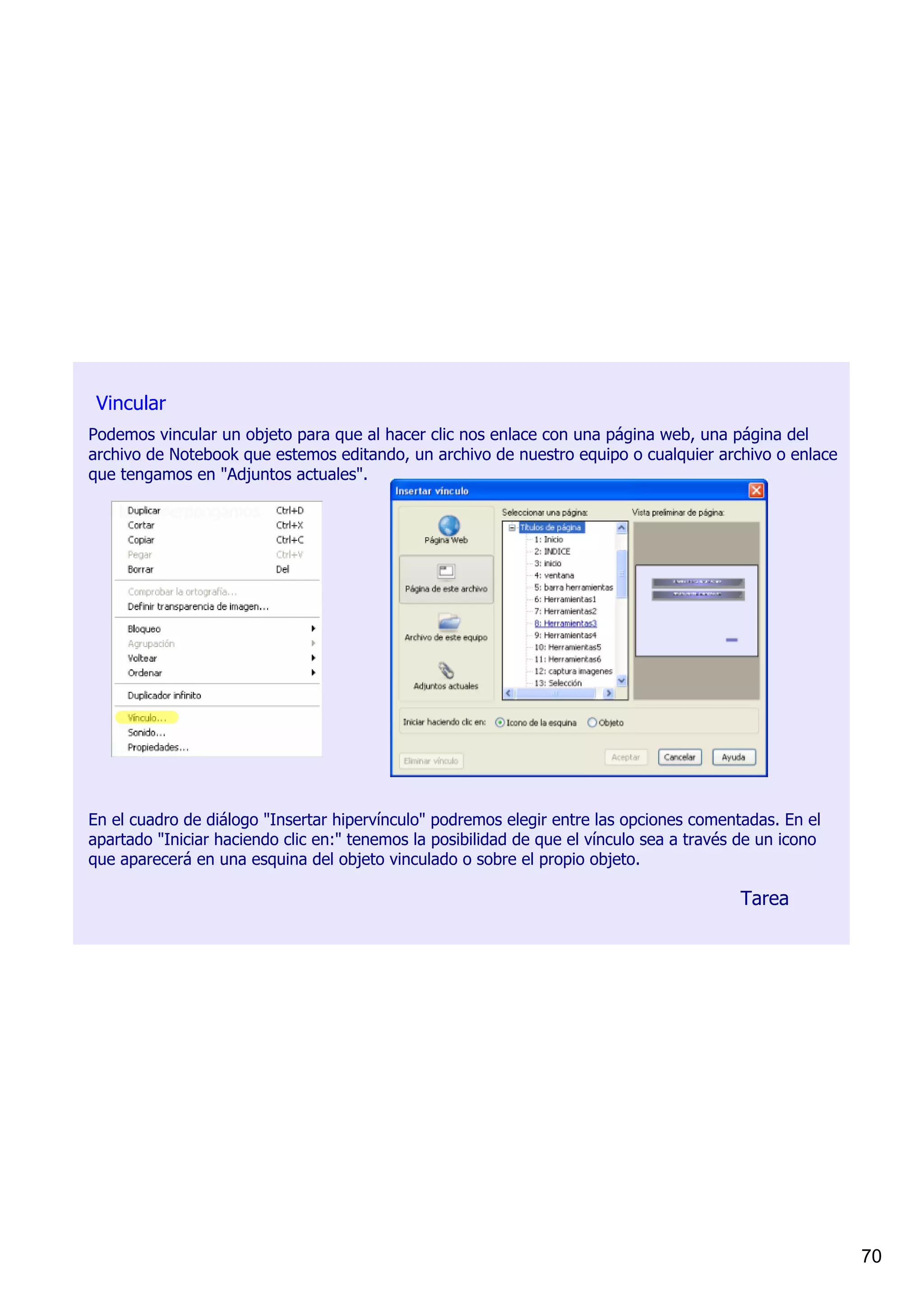 Vincular
Podemos vincular un objeto para que al hacer clic nos enlace con una página web, una página del 
archivo de Notebook que estemos editando, un archivo de nuestro equipo o cualquier archivo o enlace 
que tengamos en "Adjuntos actuales".




En el cuadro de diálogo "Insertar hipervínculo" podremos elegir entre las opciones comentadas. En el 
apartado "Iniciar haciendo clic en:" tenemos la posibilidad de que el vínculo sea a través de un icono 
que aparecerá en una esquina del objeto vinculado o sobre el propio objeto.

                                                                                           Tarea




                                                                                                          70
 