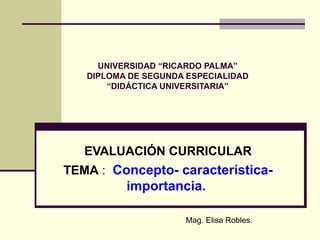 UNIVERSIDAD “RICARDO PALMA” DIPLOMA DE SEGUNDA ESPECIALIDAD “DIDÁCTICA UNIVERSITARIA” EVALUACIÓN CURRICULAR TEMA  :  Concepto- característica- importancia.  Mag. Elisa Robles.  