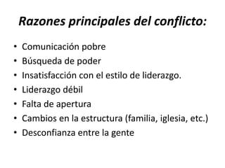 Razones principales del conflicto:Comunicación pobre Búsqueda de poder Insatisfacción con el estilo de liderazgo. Liderazgo débil Falta de apertura Cambios en la estructura (familia, iglesia, etc.) Desconfianza entre la gente 
