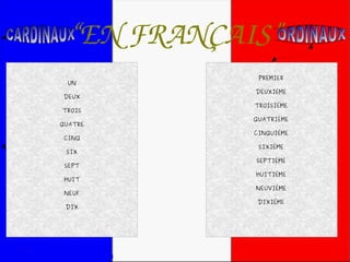 “EN FRANÇAIS”
UN
DEUX
TROIS
QUATRE
CINQ
SIX
SEPT
HUIT
NEUF
DIX
PREMIER
DEUXIÉME
TROISIÉME
QUATRIÈME
CINQUIÉME
SIXIÉME
SEPTIÈME
HUITIÉME
NEUVIÈME
DIXIÉME
 