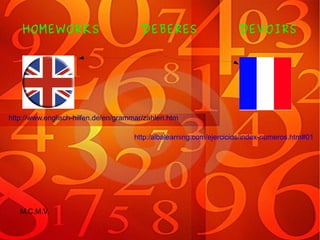 HOMEWORKS DEBERES DEVOIRS
http://www.englisch-hilfen.de/en/grammar/zahlen.htm
http:/albalearning.com/ejercicios/index-numeros.htm#01
M.C.M.V.
 