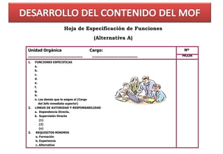 Hoja de Especificación de Funciones (Alternativa A) 1.  FUNCIONES ESPECIFICAS a. b. c. d. e. f. g. h. n. Las demás que le asigne el (Cargo  del Jefe inmediato superior)  2.  LINEAS DE AUTORIDAD Y RESPONSABILIDAD a.  Dependencia Directa. b.  Supervisión Directa (1) (2) (n)  3.  REQUISITOS MINIMOS a. Formación b. Experiencia c. Alternativa Nº  HOJA Unidad Orgánica  Cargo: ...........................................  .................................... 