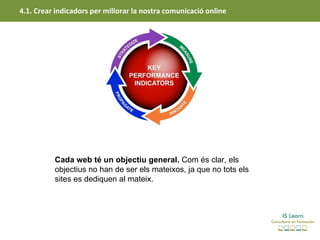 4.1. Crear indicadors per millorar la nostra comunicació online




          Cada web té un objectiu general. Com és clar, els
          objectius no han de ser els mateixos, ja que no tots els
          sites es dediquen al mateix.
 