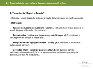 4.1. Crear indicadors per millorar la nostra comunicació online



    2. Tipus de site "Suport o Serveis"

    - Objectiu-> donar resposta a clients a través del web oferint els nostres serveis.

    - Mètriques:

      Taxa de conversió (conversions / visites). Troba el client el que busca a la
    web?, Omplen el formulari de contacte?.

      Taxa de rebot (visites que duren menys de 30 segons). És realment el
    que esperen en arribar al nostre site?.

       Temps de la visita (pàgines vistes / visita). ¿Els interessa la informació
    dels nostres serveis?.

       Cercador intern (estudi de paraules clau). Estan buscant serveis
    semblants als que oferim?. Si hi ha alguns serveis semblants que estiguin
    buscant, per què no incloure'ls?.
 