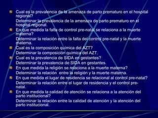 Cual es la prevalencia de la amenaza de parto prematuro en el hospital
regional?
Determinar la prevalencia de la amenaza de parto prematuro en el
hospital regional.
En que medida la falta de control pre-natal se relaciona a la muerte
materna?
Determinar la relación entre la falta del control pre-natal y la muerte
materna.
Cual es la composición química del AZT?
Determinar la composición química del AZT.
Cual es la prevalencia de SIDA en gestantes?
Determinar la prevalencia de SIDA en gestantes.
En que medida la religión se relaciona a la muerte materna?
Determinar la relación entre la religión y la muerte materna.
En que medida el lugar de residencia se relacional al control pre-natal?
Determinar la relación entre el lugar de residencia y el control pre-
natal.
En que medida la calidad de atención se relaciona a la atención del
parto institucional?
Determinar la relación entre la calidad de atención y la atención del
parto institucional.
 