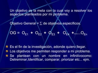 Un objetivo es la meta con la cual voy a resolver los
aspectos planteados por mi problema.

Objetivo General = ∑ de objetivos específicos.

OG = OE1 + OE2 + OE3 + OE4 +......OEn


Es el fin de la investigación, adonde quiero llegar.
Los objetivos me permiten responder a mi problema.
Se plantean con un nombre en infinitivocomo:
Detreminar,Identificar, comparar, priorizar etc... ejm.
 