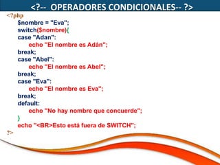 <?-- OPERADORES CONDICIONALES-- ?>
<?php
   $nombre = "Eva";
   switch($nombre){
   case "Adan":
       echo "El nombre es Adán";
   break;
   case "Abel":
       echo "El nombre es Abel";
   break;
   case "Eva":
       echo "El nombre es Eva";
   break;
   default:
       echo "No hay nombre que concuerde";
   }
   echo "<BR>Esto está fuera de SWITCH";
?>
 