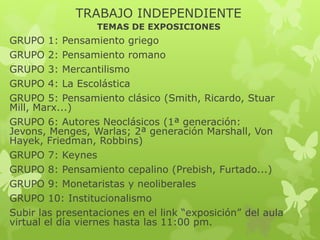 TRABAJO INDEPENDIENTE
TEMAS DE EXPOSICIONES

GRUPO 1: Pensamiento griego
GRUPO 2: Pensamiento romano
GRUPO 3: Mercantilismo
GRUPO 4: La Escolástica
GRUPO 5: Pensamiento clásico (Smith, Ricardo, Stuar
Mill, Marx...)
GRUPO 6: Autores Neoclásicos (1ª generación:
Jevons, Menges, Warlas; 2ª generación Marshall, Von
Hayek, Friedman, Robbins)
GRUPO 7: Keynes
GRUPO 8: Pensamiento cepalino (Prebish, Furtado...)
GRUPO 9: Monetaristas y neoliberales
GRUPO 10: Institucionalismo
Subir las presentaciones en el link “exposición” del aula
virtual el día viernes hasta las 11:00 pm.

 