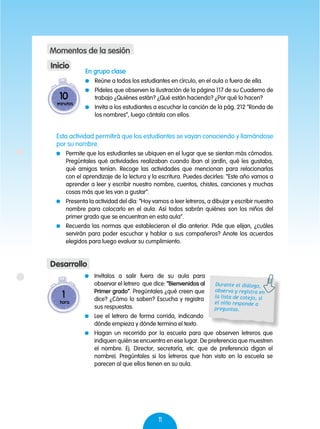 11
	 Invítalos a salir fuera de su aula para
observar el letrero que dice: “Bienvenidos al
Primer grado”. Pregúntales ¿qué creen que
dice? ¿Cómo lo saben? Escucha y registra
sus respuestas.
	 Lee el letrero de forma corrida, indicando
dónde empieza y dónde termina el texto.
	 Hagan un recorrido por la escuela para que observen letreros que
indiquen quién se encuentra en ese lugar. De preferencia que muestren
el nombre. Ej. Director, secretaría, etc. que de preferencia digan el
nombre). Pregúntales si los letreros que han visto en la escuela se
parecen al que ellos tienen en su aula.
10
minutos
En grupo clase
	 Reúne a todos los estudiantes en círculo, en el aula o fuera de ella.
	 Pídeles que observen la ilustración de la página 117 de su Cuaderno de
trabajo ¿Quiénes están? ¿Qué están haciendo? ¿Por qué lo hacen?
	 Invita a los estudiantes a escuchar la canción de la pág. 212 “Ronda de
los nombres”, luego cántala con ellos.
Inicio
Momentos de la sesión
Durante el diálogo,
observa y registra en
la lista de cotejo, si
el niño responde a
preguntas.
Esta actividad permitirá que los estudiantes se vayan conociendo y llamándose
por su nombre.
	 Permite que los estudiantes se ubiquen en el lugar que se sientan más cómodos.
Pregúntales qué actividades realizaban cuando iban al jardín, qué les gustaba,
qué amigos tenían. Recoge las actividades que mencionan para relacionarlas
con el aprendizaje de la lectura y la escritura. Puedes decirles: “Este año vamos a
aprender a leer y escribir nuestro nombre, cuentos, chistes, canciones y muchas
cosas más que les van a gustar”.
	 Presenta la actividad del día: “Hoy vamos a leer letreros, a dibujar y escribir nuestro
nombre para colocarlo en el aula. Así todos sabrán quiénes son los niños del
primer grado que se encuentran en esta aula”.
	 Recuerda las normas que establecieron el día anterior. Pide que elijan, ¿cuáles
servirán para poder escuchar y hablar a sus compañeros? Anote los acuerdos
elegidos para luego evaluar su cumplimiento.
1
hora
Desarrollo
 